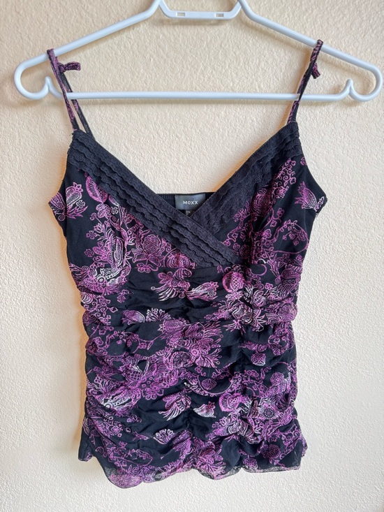 Mexx Black & Purple Floral Lace Trim Cami Top Ruched V-Neck Y2K Sheer Mesh Tank - Picture 2 of 12